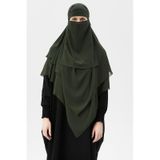 Hazır Pratik Şifon Üç Katlı Peçeli Üçgen Hac Umre Şalı Sufle Hijab Nikap Haki