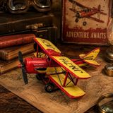 Haznac Retro Metal Uçak Modeli Maketi El Yapımı Nostaljik Çift Kanat Vintage Dekoratif Sarı Kırmızı