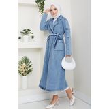 Hb Harma Time Butik Kadın Cepli Kuşaklı Denim Mavi Trençkot