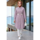 Hb Harma Time Butik Kadın Çizgi Desenli Kemerli Keten Mor Gömlek
