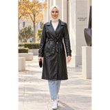 Hb Harma Time Butik Kadın Düğmeli Kuşaklı Cepli Deri Siyah Trençkot
