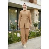 Hb Harma Time Butik Kadın Düğmeli Kuşaklı Çilek Kumaş Tunik Pantolon Bej İkili Takım