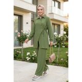 Hb Harma Time Butik Kadın Düğmeli Kuşaklı Çilek Kumaş Tunik Pantolon Haki İkili Takım