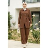 Hb Harma Time Butik Kadın Düğmeli Kuşaklı Çilek Kumaş Tunik Pantolon Kahverengi İkili Takım