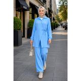Hb Harma Time Butik Kadın Düğmeli Kuşaklı Çilek Kumaş Tunik Pantolon Mavi İkili Takım