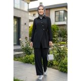 Hb Harma Time Butik Kadın Düğmeli Kuşaklı Çilek Kumaş Tunik Pantolon Siyah İkili Takım