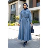 Hb Harma Time Butik Kadın Düğmeli Kuşaklı Kot Mavi Tesettür Elbise