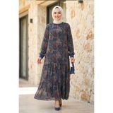 Hb Harma Time Butik Kadın İçi Şardonlu Desenli Lacivert Şifon Elbise