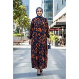 Hb Harma Time Butik Kadın İçi Şardonlu Turuncu Yaprak Desenli Şifon Elbise