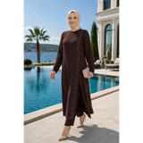 Hb Harma Time Butik Kadın İnci İşlemeli Kahverengi Tunik-Pantolon İkili Takım