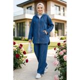 Hb Harma Time Butik Kadın Kapüşonlu Fermuarlı İnce Kot Koyu Mavi Tunik Pantolon Takım