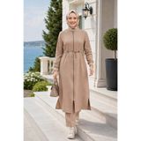 Hb Harma Time Butik Kadın Ribanalı Fermuarlı Keten Tunik Pantolon Bej İkili Takım