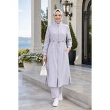Hb Harma Time Butik Kadın Ribanalı Fermuarlı Keten Tunik Pantolon Gri İkili Takım
