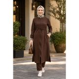 Hb Harma Time Butik Kadın Ribanalı Fermuarlı Keten Tunik Pantolon Kahverengi İkili Takım