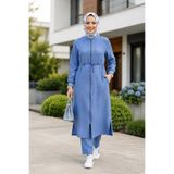 Hb Harma Time Butik Kadın Ribanalı Fermuarlı Keten Tunik Pantolon Mavi İkili Takım
