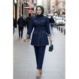 Hb Harma Time Butik Kadın Taş DetaylıTunik ve Pantolon Koyu Kot Mavi İkili Takım