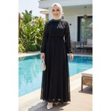 Hb Harma Time Butik Kadın Taş İşlemeli İçi Astarlı Siyah Şifon Tesettür Elbise