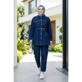 Hb Harma Time Butik Kadın Taş İşlemeli Kot Mavi Tunik Pantolon İkili Takım