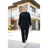 Hb Harma Time Butik Kadın Taş İşlemeli Kot Siyah Tunik Pantolon İkili Takım