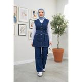 Hb Harma Time Butik Kadın Taş İşlemeli Kuşaklı Yelek-Pantolon Koyu Kot Mavi İkili Takım