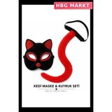 HBG Markt Kırmızı Kedi Maske ve Kuyruk Seti Parti Kostüm Aksesuarı - Standart - 1 Adet