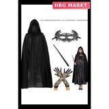 HBG Markt Mey Ithalat® 120 cm Kapüşonlu Siyah Pelerin + Asa + Dantel Maske + Uzun Dantel Siyah Eldiven Kostüm Seti - Standart - 1 Adet