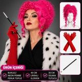 HBG Markt Neon Bukleli Uzun Pembe Peruk Seti Kırmızı Eldiven Tutucu 3 Parça - Standart - 1 Adet