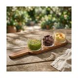HBMB Store 4 Parça Akasya Ahşap Sunumluk Seti - 40 cm Doğal Akasya Tablalı ve 3'lü Cam Kaseli Kahvaltılık, Sosluk ve Çerezlik Sunum Seti - 0,60 x 19 x 29 cm