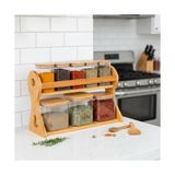 HBMB Store Doğal Bambu Standlı 8'li Kare Cam Baharatlık Seti - Ahşap Kapaklı Standlı Mutfak Baharat Takımı - 0,5 x 7 cm