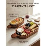 Hbs Art Design 2’li Set Akasya Ahşap Sunum Tepsisi - Saplı Kahvaltı ve Steak Servis Seti - yok