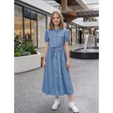 Hc Kids Wear 11–16 Yaş Kız Çocuk Kot Elbise Kuşaklı Düğmeli Bayramlık Elbise - 11 Yaş - Mavi