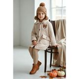 HC Kids Wear Ayıcık Nakışlı Kız Çocuk Krem Pelüş Kışlık Kaban
