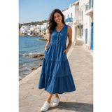 HC Kids Wear Kadın Büyük Beden Kot Elbise Yazlık Kolsuz Düğmeli Midi Boy Denim Elbise - Kot Mavi - 48
