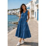 HC Kids Wear Kadın Büyük Beden Kot Elbise Yazlık Kolsuz Düğmeli Midi Boy Denim Elbise - Kot Mavi - 50
