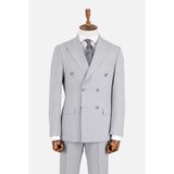 HC MEN CLASSIC Erkek Açık Gri Kırlangıç Yaka Çizgili Modern Fit Kruvaze Takım Elbise - 6 Drop - 54