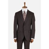HC MEN CLASSIC Erkek Kahverengi Mono Yaka Çizgili Flanel Klasik Takım Elbise - 6 Drop - 46