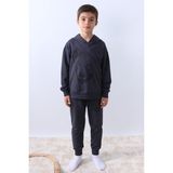 HÇM Erkek Çocuk Kapşonlu Eşofman Takımı Kurt Baskılı F10 - Füme - 14 - 15 Yaş