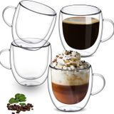 Hcojoul Şeffaf Cam Kahve Kupaları 8oz, Çift Duvar Yalıtımlı Cam Kahve Kupaları Saplı Set 4 paket Espresso Latte Cappuccino Isıya Dayanıklı Bulaşık Makinesi için 250Ml Cam Kahve Kupaları