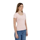 HDM Kadın Esnek Fitilli Yakası Çıtçıtlı Pembe Kısa Kol Basic Örme Bluz - H5993