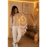 Hdmarketim.com LED Işıklı Düş Kapanı Pudra Beyaz Tüylü Bohem Duvar Süsü 22 CM El Yapımı Dream Catcher Deniz Kabuklu
