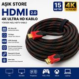Hdmı 2.0 Kablo 15 Metre Örgülü Altın Uçlu 4K Ultra Hd 18Gbps Hdr Yüksek Hızlı Tv Monitör Projeksiyon Ps5 Xbox Laptop