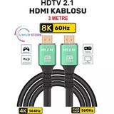 HDMI 2.1 Kablo 8K Ultra Hdtv 3 Metre, 8k 60Hz, 4K 120Hz, 7680P Hdr 2.1V 48GBS Görüntü Kablosu