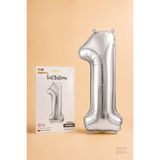 He2 Balloons Silver Folyo Balon 1 Rakamı 86 cm, Helyum Uyumlu Gümüş Renk 1 Yaş Balonu, Büyük Boy Sayı Balonu
