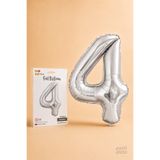 He2 Balloons Silver Folyo Balon 4 Rakamı 86 cm, Helyum Uyumlu Gümüş Renk 4 Yaş Balonu, Büyük Boy Sayı Balonu