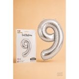 He2 Balloons Silver Folyo Balon 9 Rakamı 86 cm, Helyum Uyumlu Gümüş Renk 9 Yaş Balonu, Büyük Boy Sayı Balonu
