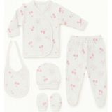 Hece Bebe %100 Pamuklu 5 Parça Hastane Çıkışı Seti – Bebek Zıbın Takımı, Şapka, Önlük, Eldiven - Ekru - Kırmızı - Yenidoğan