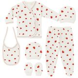 Hece Bebe %100 Pamuklu 5 Parça Hastane Çıkışı Seti Bebek Zıbın Takımı, Şapka, Önlük, Eldiven Ekru - Kırmızı