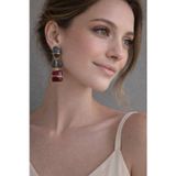 Hector&Co. Jewellery Renkli Taş Detaylı Gold Sallantılı Kadın Küpe | Bordo & Yeşil Şık Tasarım