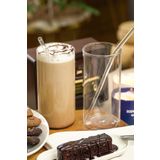 Heda Porselen 2'li 420 ml Modern Tasarımlı Pipetli Cam Bardak - Şık Soğuk Limonata Meşrubat Bardağı