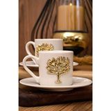 Heda Porselen Hayat Ağacı Altın Kabartma Motif 4 Parça 2 Kişilik Kahve Fincan Takımı 100 Ml Beyaz